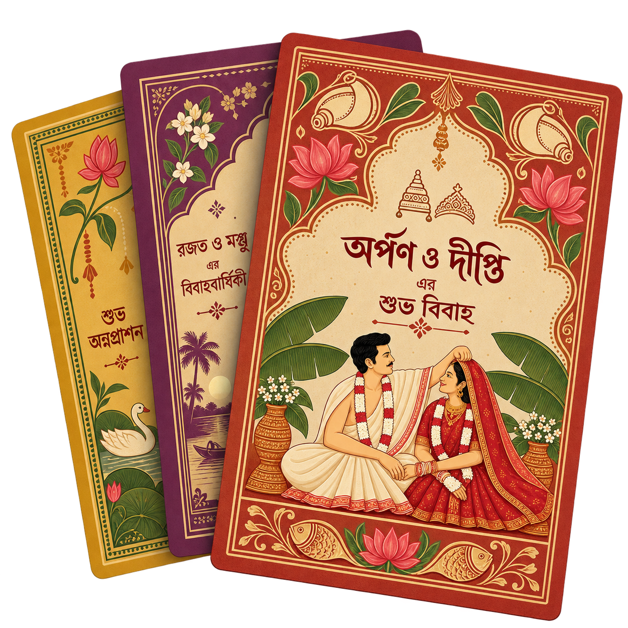 Fanned stack of custom Bengali digital invitations for Wedding, Anniversary, and Annaprashan